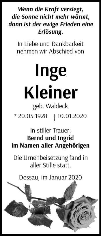 Traueranzeige von Inge Kleiner von Super Sonntag Dessau-Roßlau
