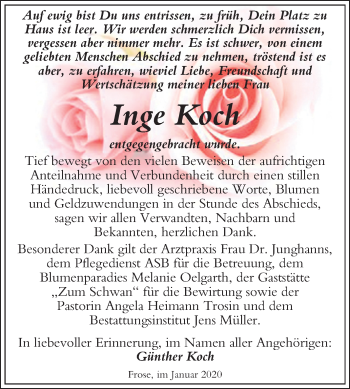 Traueranzeige von Inge Koch von Super Sonntag Aschersleben