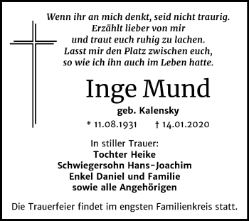 Traueranzeige von Inge Mund von Super Sonntag Aschersleben