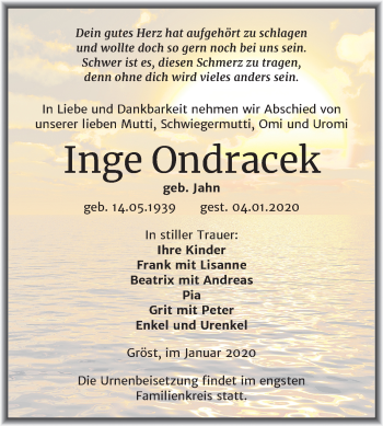 Traueranzeige von Inge Ondracek von Super Sonntag Merseburg/Querfurt