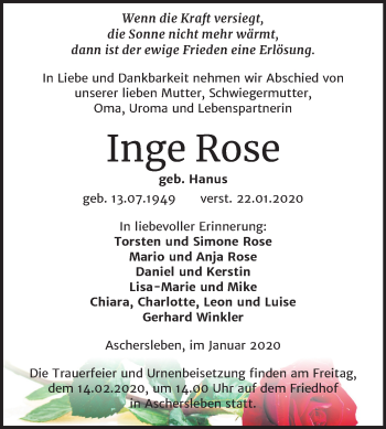 Traueranzeige von Inge Rose von Mitteldeutsche Zeitung Aschersleben