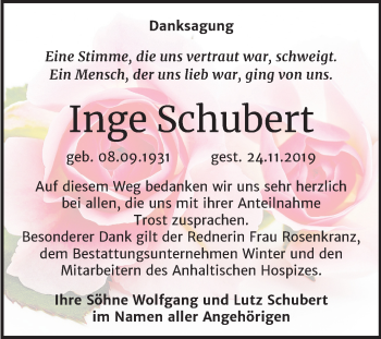 Traueranzeige von Inge Schubert von Mitteldeutsche Zeitung Bitterfeld