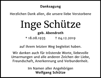 Traueranzeige von Inge Schütze von Mitteldeutsche Zeitung Dessau-Roßlau