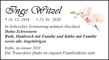 Traueranzeige von Inge Witzel von Super Sonntag Sangerhausen