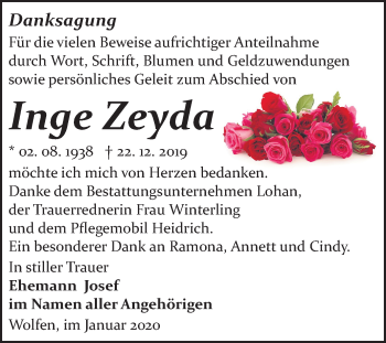 Traueranzeige von Inge Zeyda von Mitteldeutsche Zeitung Bitterfeld