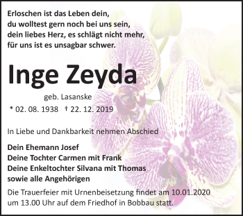 Traueranzeige von Inge Zeydae von Wochenspiegel Bitterfeld