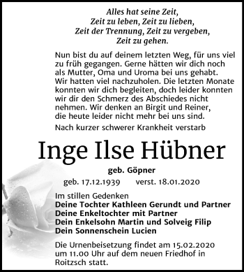 Traueranzeige von Inge Ilse Hübner von Wochenspiegel Bitterfeld