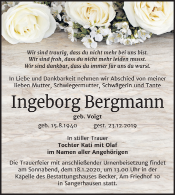 Traueranzeige von Ingeborg Bergmann von Super Sonntag Sangerhausen