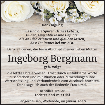 Traueranzeige von Ingeborg Bergmann von Super Sonntag Sangerhausen