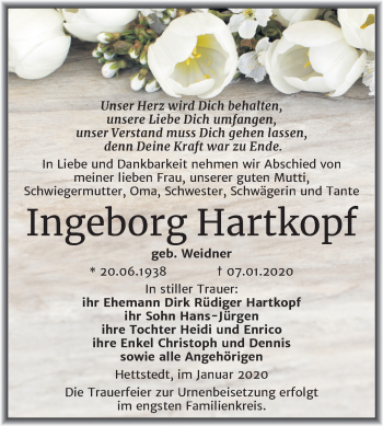 Traueranzeige von Ingeborg Hartkopf von Mitteldeutsche Zeitung Mansfelder Land