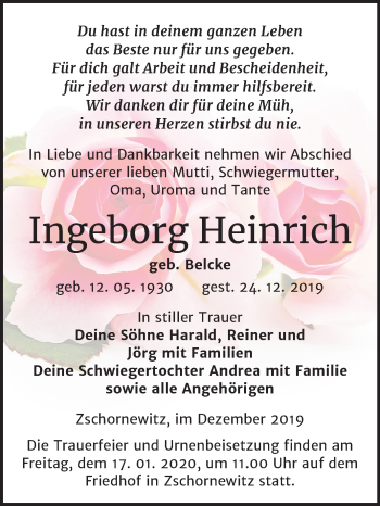 Traueranzeige von Ingeborg Heinrich von Super Sonntag Wittenberg