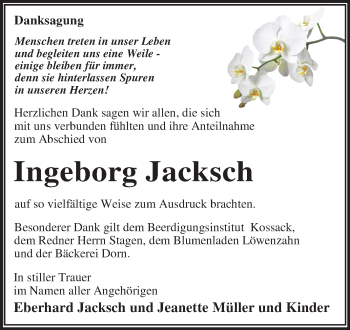 Traueranzeige von Ingeborg Jacksch von Super Sonntag Wittenberg