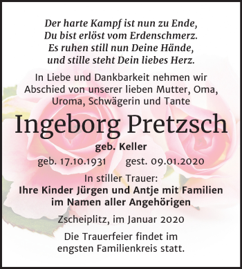 Traueranzeige von Ingeborg Pretzsch von Wochenspiegel Naumburg/Nebra