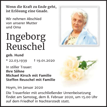 Traueranzeige von Ingeborg Reuschel von Mitteldeutsche Zeitung Aschersleben