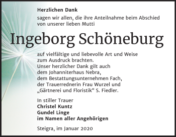 Traueranzeige von Ingeborg Schöneburg von Wochenspiegel Merseburg/Querfurt