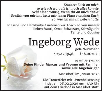Traueranzeige von Ingeborg Wede von Mitteldeutsche Zeitung Köthen