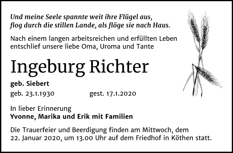  Traueranzeige für Ingeburg Richter vom 21.01.2020 aus Mitteldeutsche Zeitung Köthen