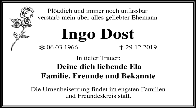  Traueranzeige für Ingo Dost vom 18.01.2020 aus Super Sonntag Wittenberg