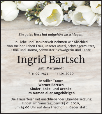 Traueranzeige von Ingrid Bartsch von Super Sonntag Quedlinburg