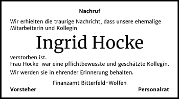 Traueranzeige von Ingrid Hocke von Mitteldeutsche Zeitung Köthen