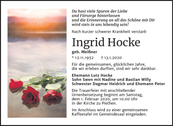 Traueranzeige von Ingrid Hocke von Super Sonntag Köthen