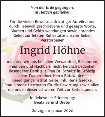 Traueranzeige von Ingrid Höhne von Super Sonntag Köthen
