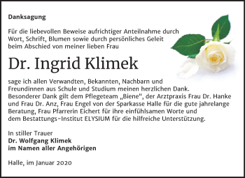 Traueranzeige von Ingrid Klimek von Mitteldeutsche Zeitung Halle/Saalkreis