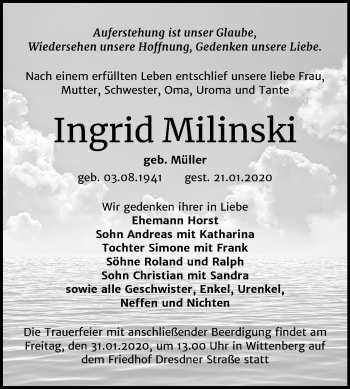 Traueranzeige von Ingrid Milinski von Mitteldeutsche Zeitung Wittenberg