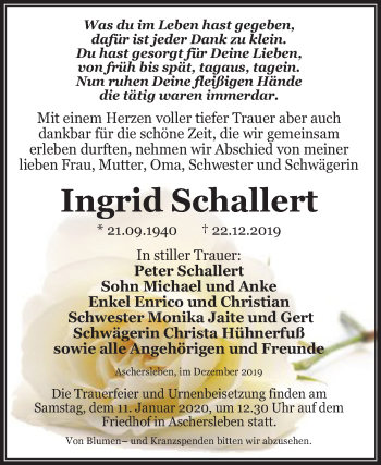 Traueranzeige von Ingrid Schallert von Super Sonntag Aschersleben
