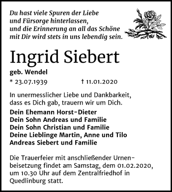 Traueranzeige von Ingrid Siebert von Super Sonntag Quedlinburg