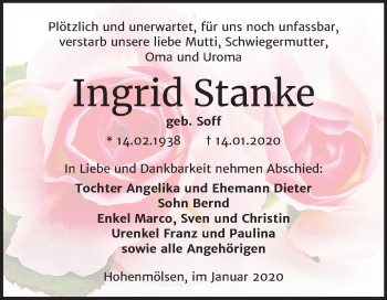 Traueranzeige von Ingrid Stanke von Mitteldeutsche Zeitung Weißenfels
