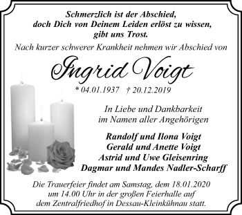 Traueranzeige von Ingrid Voigt von Mitteldeutsche Zeitung Dessau-Roßlau