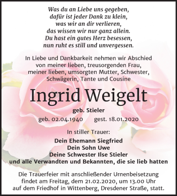 Traueranzeige von Ingrid Weigelt von Mitteldeutsche Zeitung Wittenberg