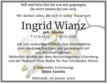 Traueranzeige von Ingrid Wianz von Wochenspiegel Mansfelder Land