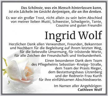 Traueranzeige von Ingrid Wolf von Mitteldeutsche Zeitung Mansfelder Land