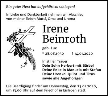 Traueranzeige von Irene Beinroth von Mitteldeutsche Zeitung Mansfelder Land