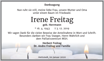 Traueranzeige von Irene Freitag von Mitteldeutsche Zeitung Mansfelder Land