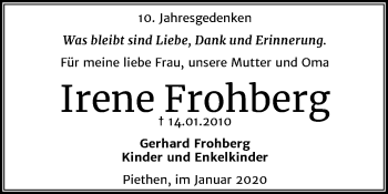 Traueranzeige von Irene Frohberg von Mitteldeutsche Zeitung Köthen