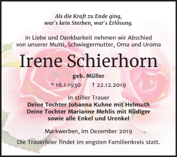 Traueranzeige von Irene Schierhorn von Wochenspiegel Weißenfels