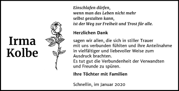 Traueranzeige von Irma Kolbe von Mitteldeutsche Zeitung Wittenberg