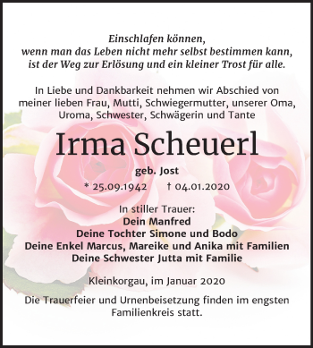 Traueranzeige von Irma Scheuerl von Super Sonntag Wittenberg