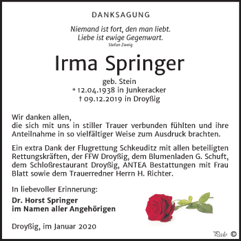 Traueranzeige von Irma Springer von Mitteldeutsche Zeitung Zeitz