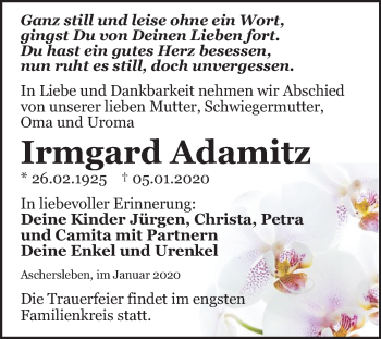 Traueranzeige von Irmgard Adamitz von Super Sonntag Aschersleben
