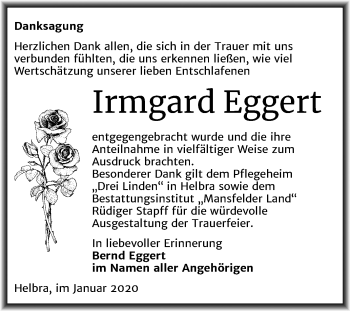 Traueranzeige von Irmgard Eggert von Wochenspiegel Mansfelder Land