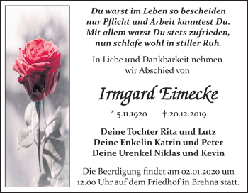 Traueranzeige von Irmgard Eimecke von Wochenspiegel Bitterfeld