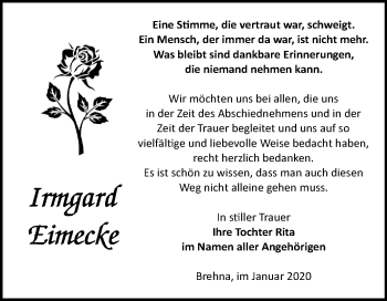 Traueranzeige von Irmgard Eimecke von Wochenspiegel Bitterfeld