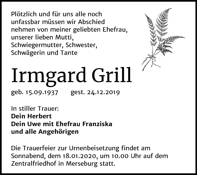  Traueranzeige für Irmgard Grill vom 11.01.2020 aus Mitteldeutsche Zeitung Merseburg/Querfurt