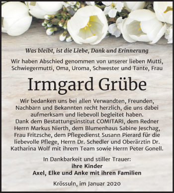 Traueranzeige von Irmgard Grübe von Wochenspiegel Weißenfels