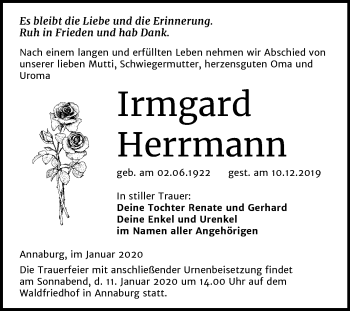 Traueranzeige von Irmgard Herrmann von Super Sonntag Wittenberg