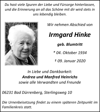 Traueranzeige von Irmgard Hinke von Mitteldeutsche Zeitung Merseburg/Querfurt